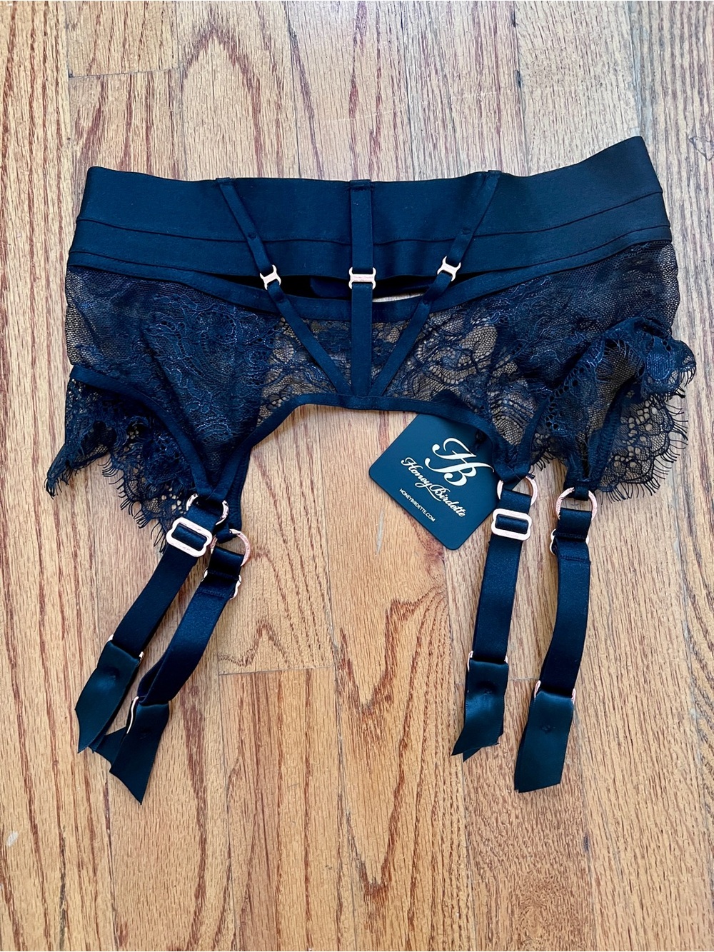 NWT Honey Birdette Black Lace Garter Belt with Straps